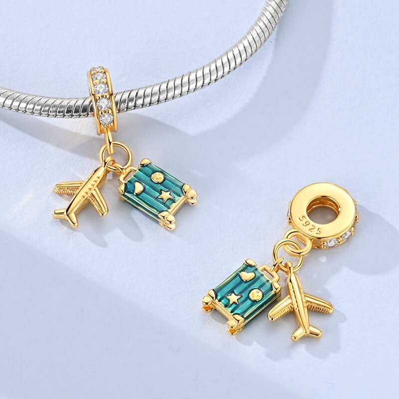 Amarante Jewelry Golden Adventure Suitcase & Airplane Dangle Charm