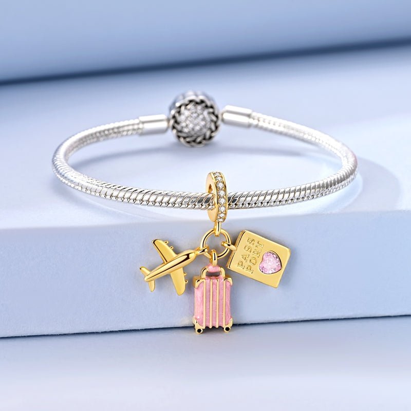 Amarante Jewelry Golden Airplane, Pink Suitcase & Passport Travel Dangle Charm