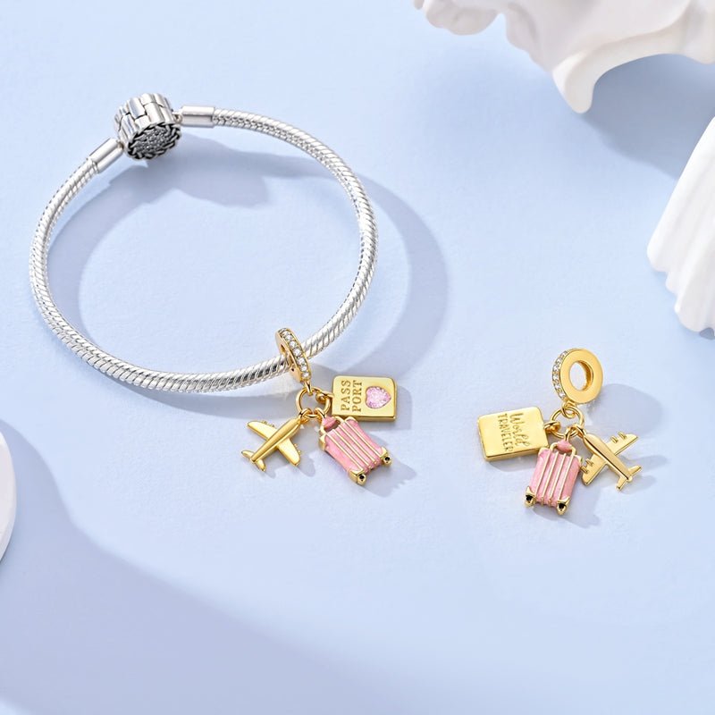 Amarante Jewelry Golden Airplane, Pink Suitcase & Passport Travel Dangle Charm
