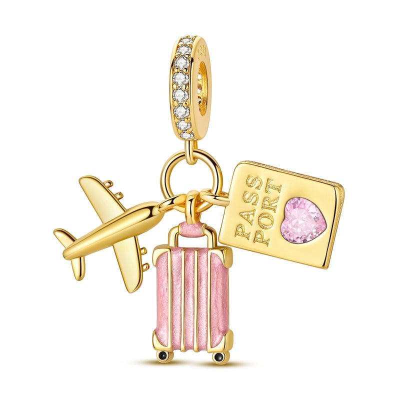 Amarante Jewelry Golden Airplane, Pink Suitcase & Passport Travel Dangle Charm