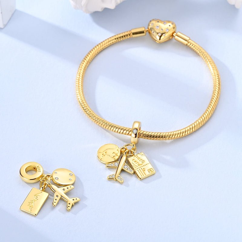 Amarante Jewelry Golden Globe, Airplane & Postcard Triple Dangle Charm