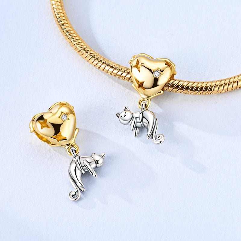 Amarante Jewelry Golden Heart with Playful Cat Dangle Charm