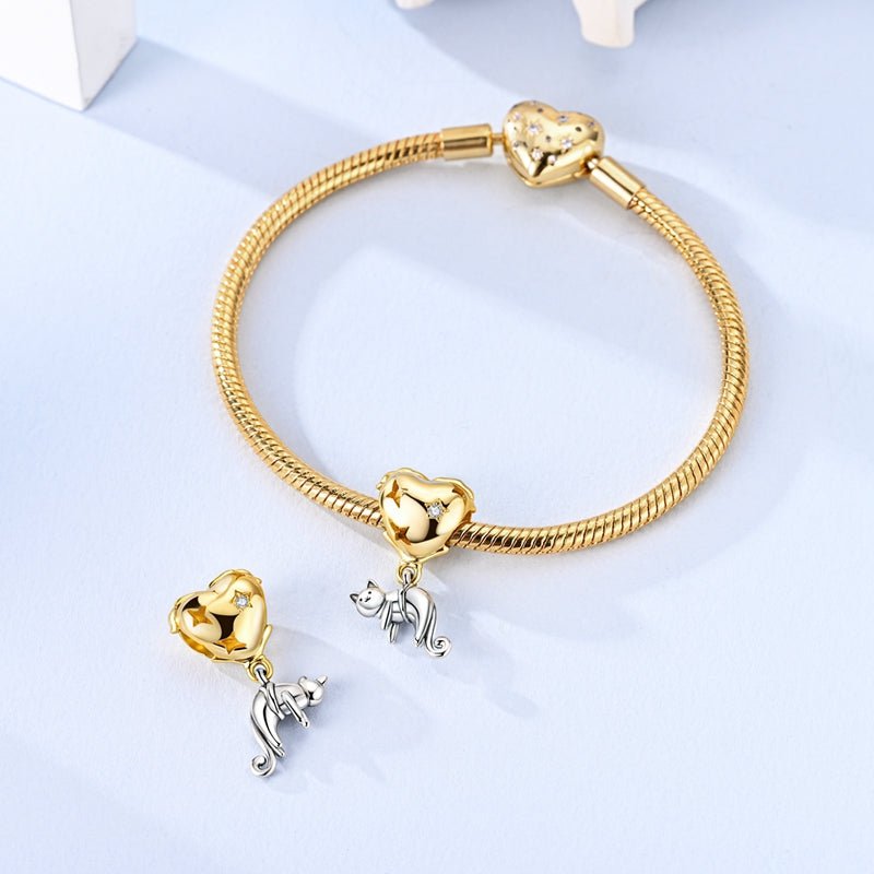 Amarante Jewelry Golden Heart with Playful Cat Dangle Charm
