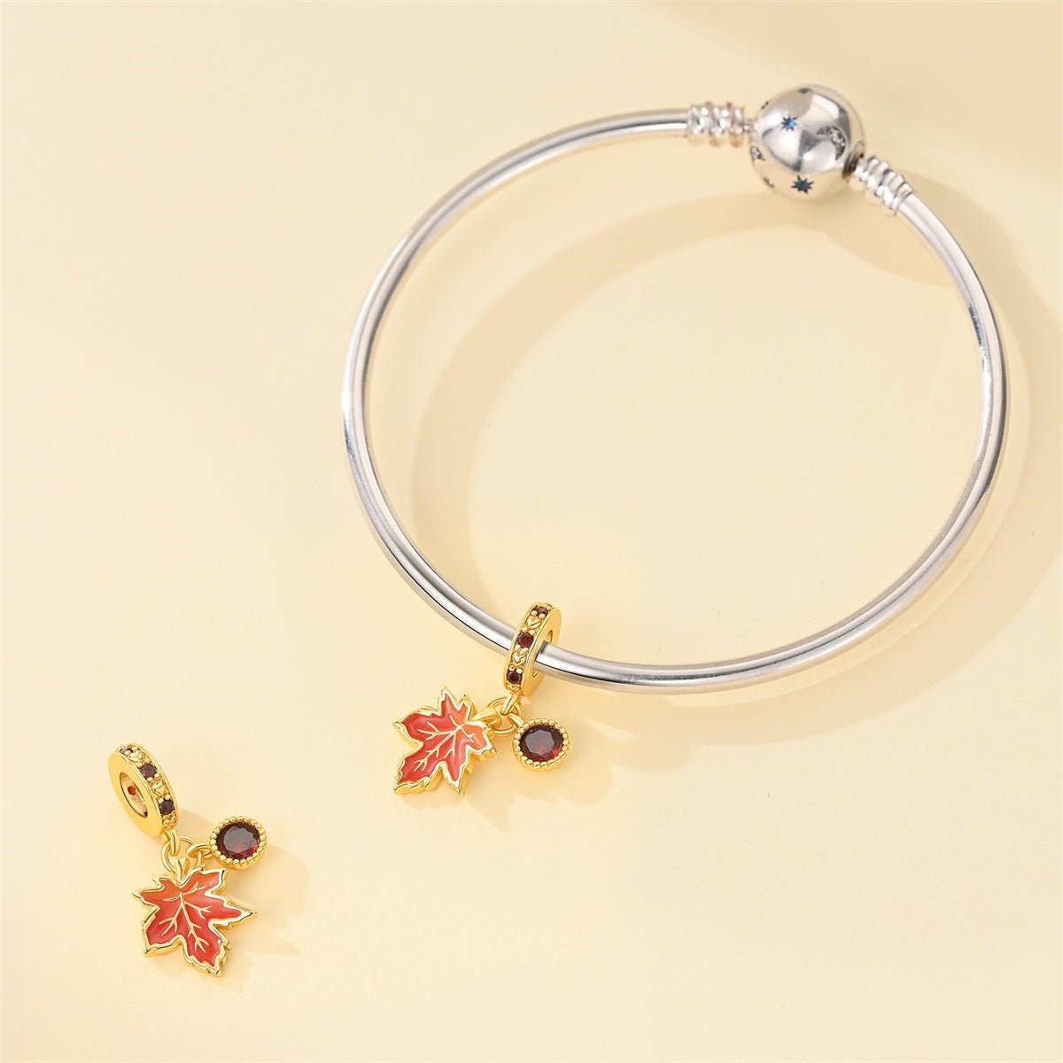 Amarante Jewelry Golden Maple Leaf & Red Crystal Dangle Charm
