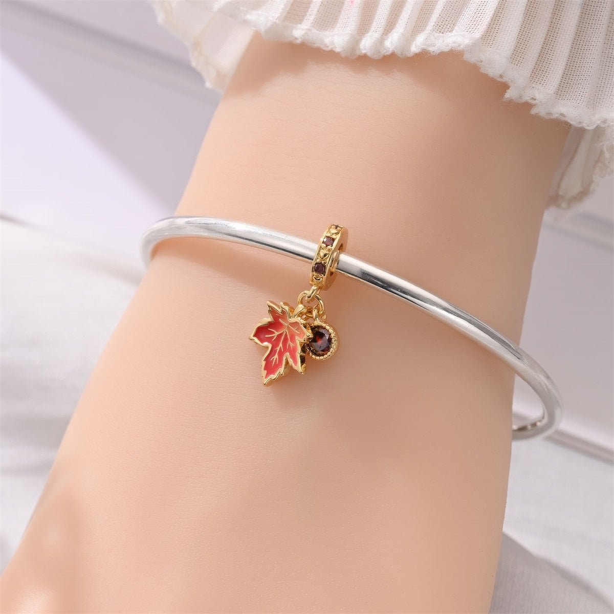 Amarante Jewelry Golden Maple Leaf & Red Crystal Dangle Charm