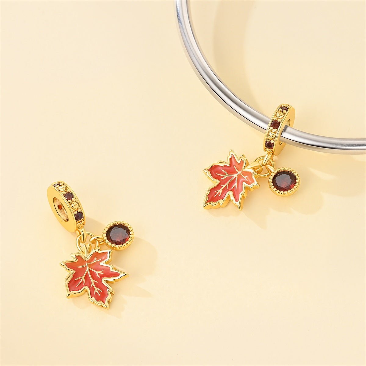 Amarante Jewelry Golden Maple Leaf & Red Crystal Dangle Charm