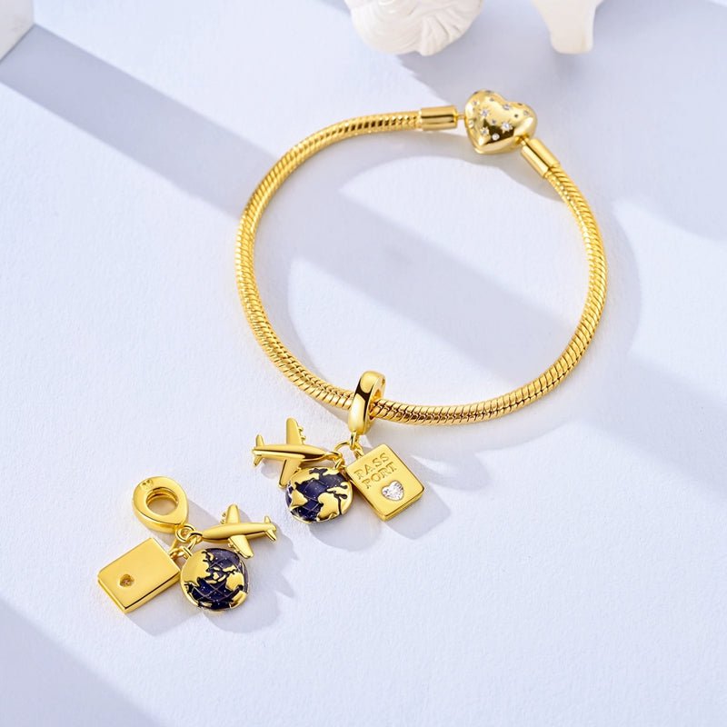 Amarante Jewelry Golden Passport, Globe & Airplane Triple Dangle Charm