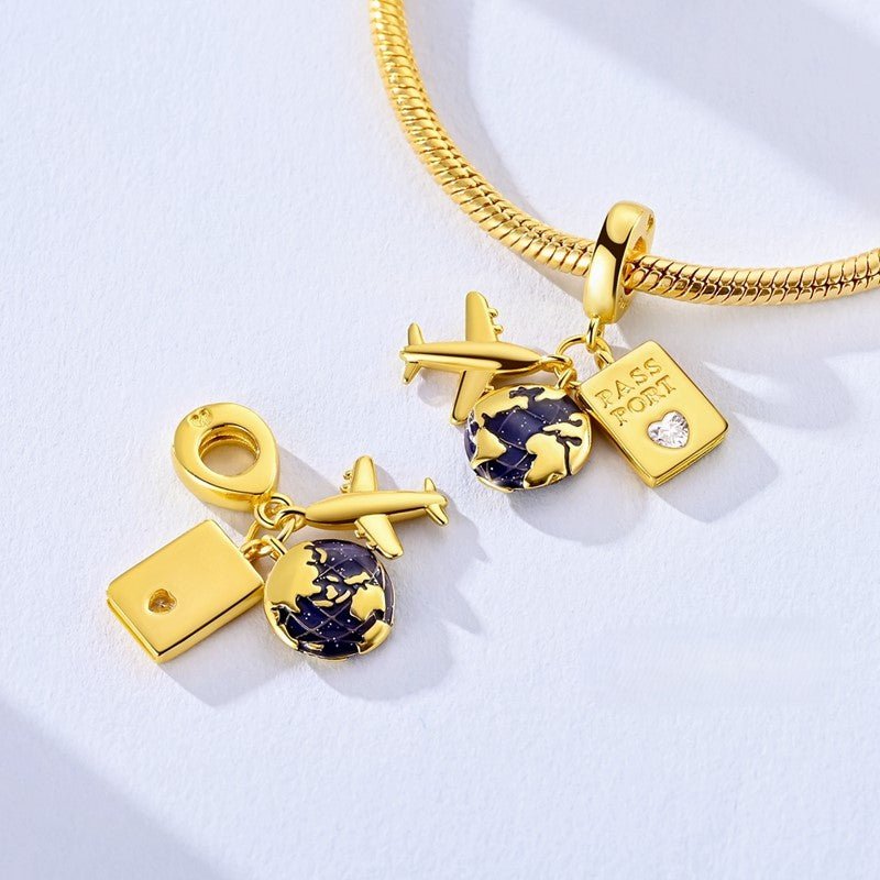 Amarante Jewelry Golden Passport, Globe & Airplane Triple Dangle Charm