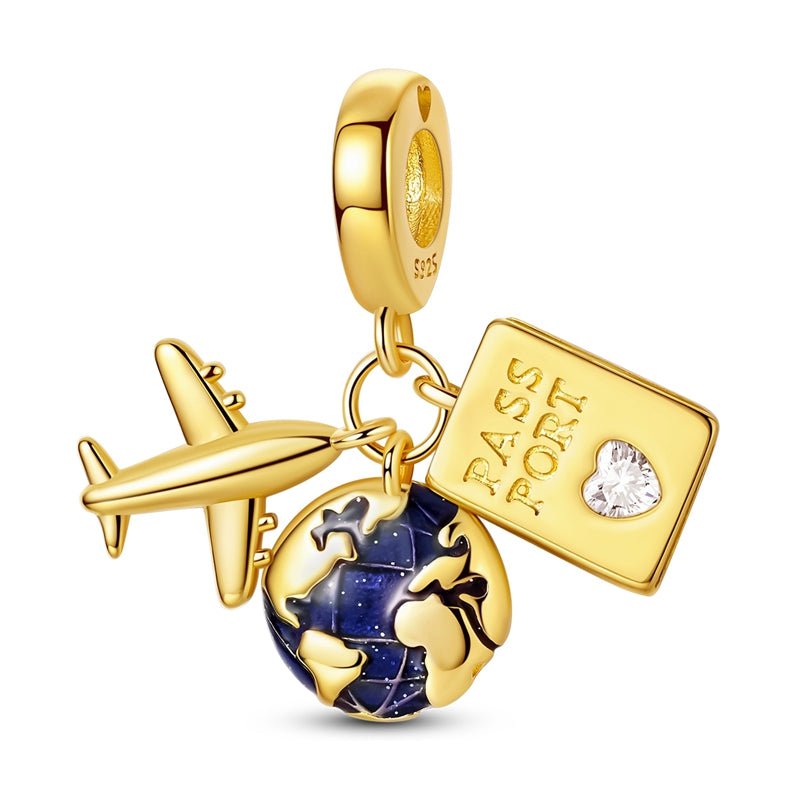 Amarante Jewelry Golden Passport, Globe & Airplane Triple Dangle Charm