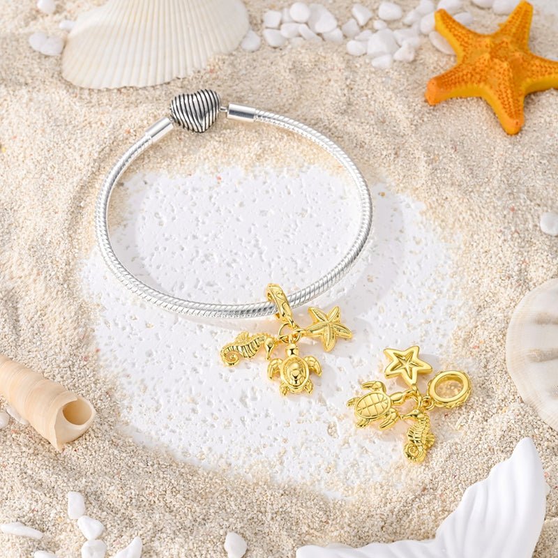 Amarante Jewelry Golden Sea Turtle, Seahorse & Starfish Dangle Charm