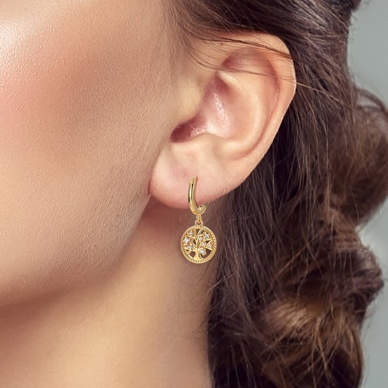 Amarante Jewelry Golden Tree of Life Dangle Hoop Earrings