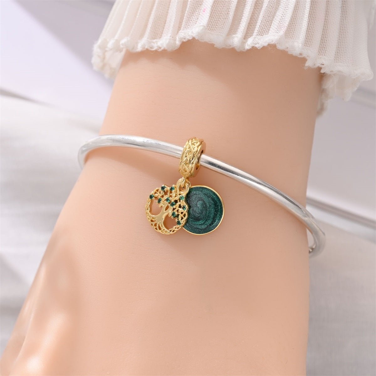 Amarante Jewelry Golden Tree of Life with Green Crystal Dangle Charm