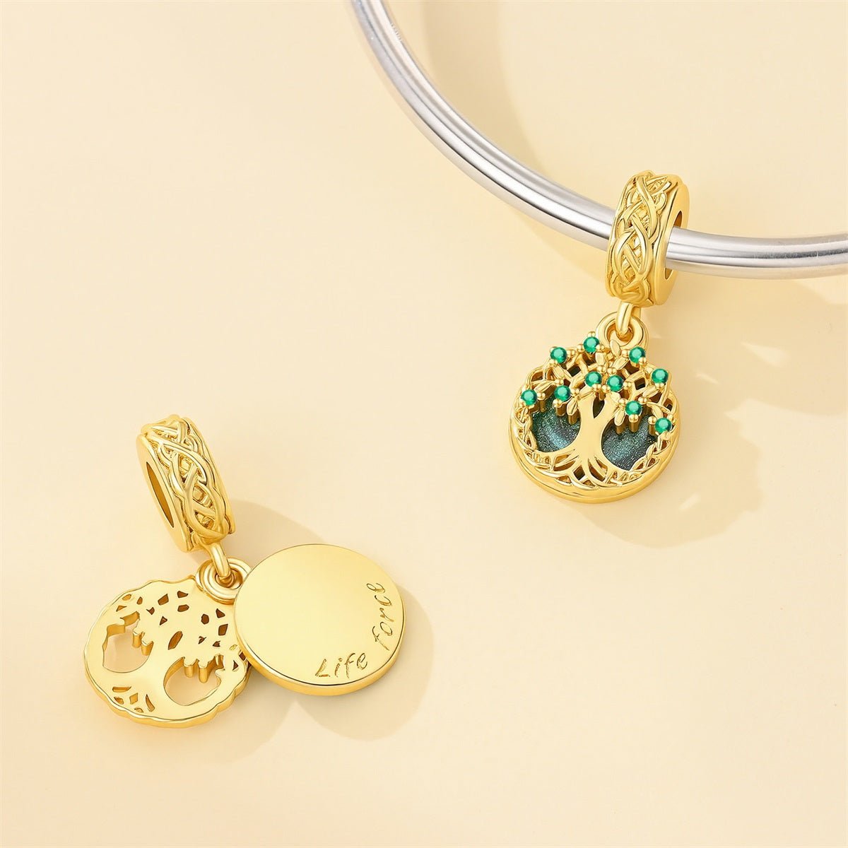 Amarante Jewelry Golden Tree of Life with Green Crystal Dangle Charm