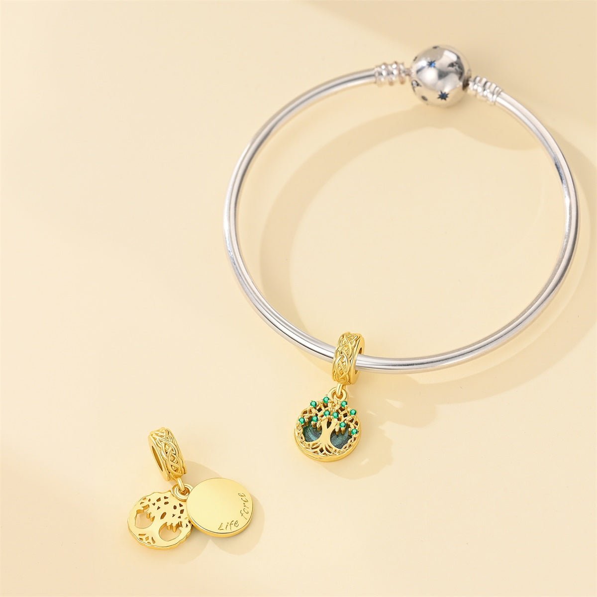 Amarante Jewelry Golden Tree of Life with Green Crystal Dangle Charm