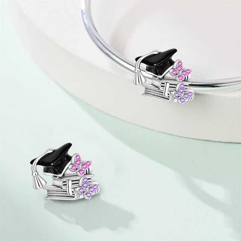 Amarante Jewelry Graduation Cap & Books with Sparkling Butterflies Charm