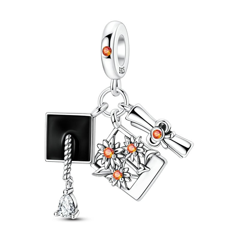 Amarante Jewelry Graduation Cap, Diploma & Flower Bouquet Dangle Charm