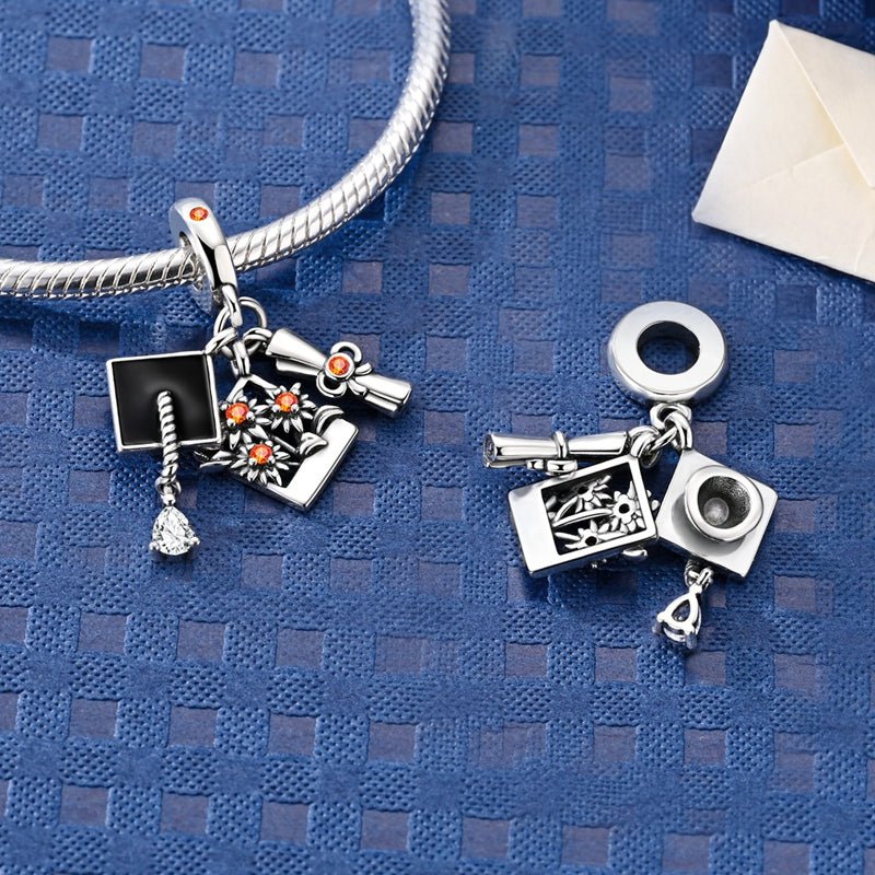 Amarante Jewelry Graduation Cap, Diploma & Flower Bouquet Dangle Charm