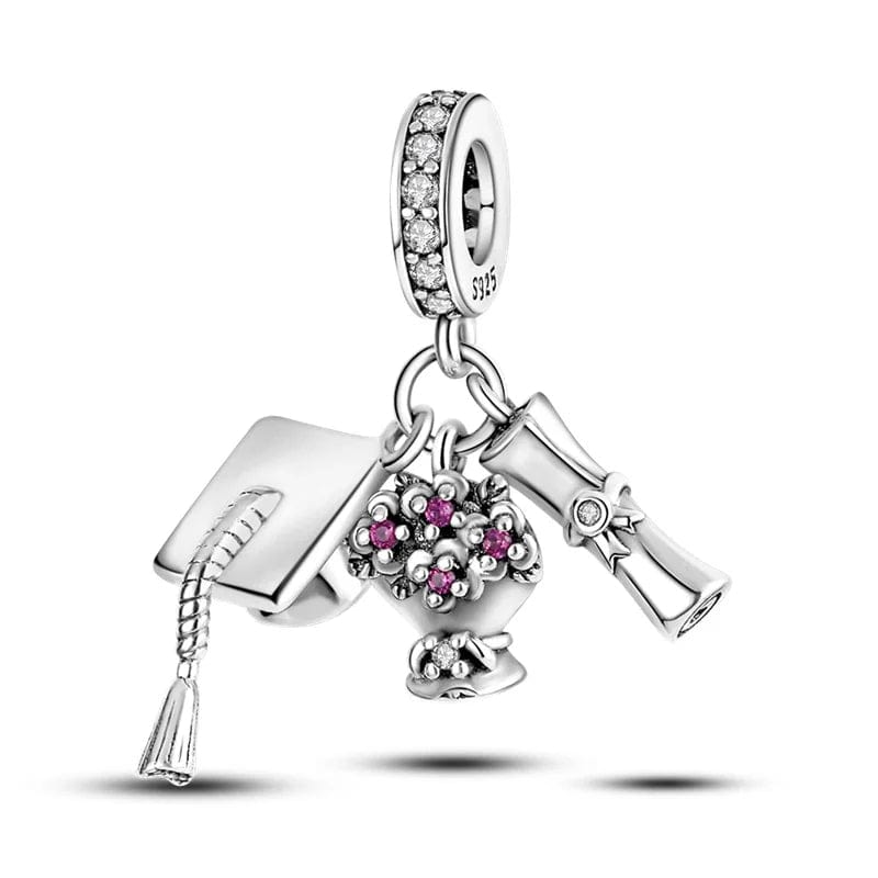 Amarante Jewelry Graduation Cap, Diploma & Flowers Triple Dangle Charm