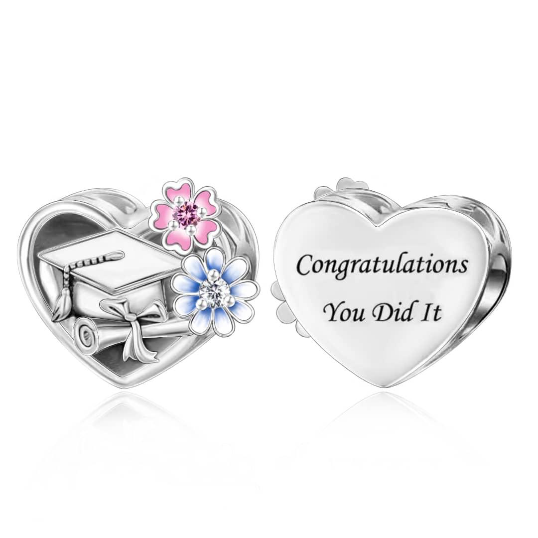 Amarante Jewelry Graduation Cap & Diploma with Flowers "Congratulations You Did It" Heart Charm