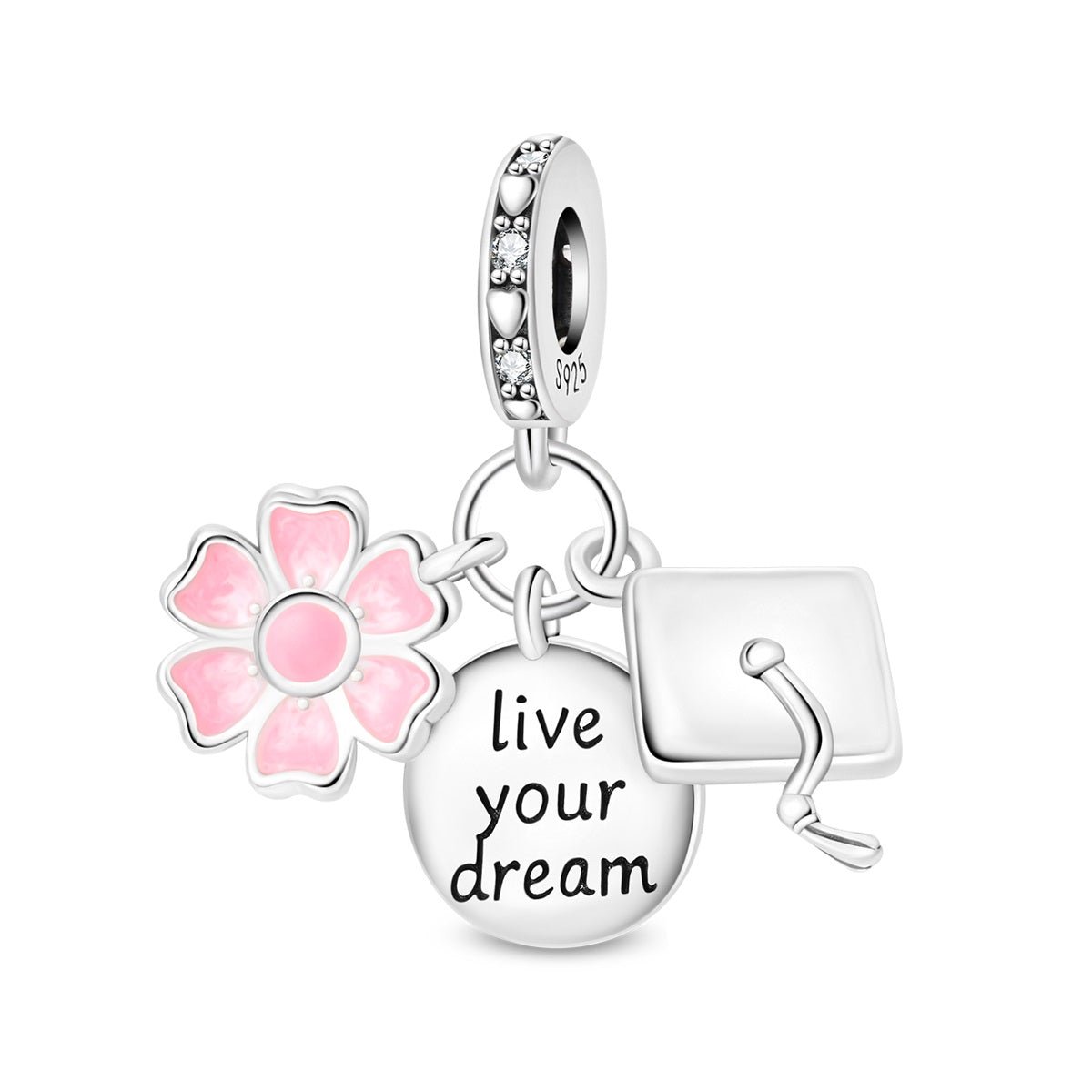 Amarante Jewelry Graduation Cap, Pink Flower & “Live Your Dream” Dangle Charm