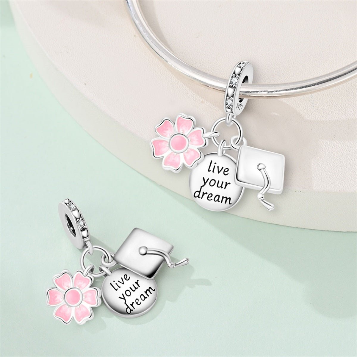 Amarante Jewelry Graduation Cap, Pink Flower & “Live Your Dream” Dangle Charm