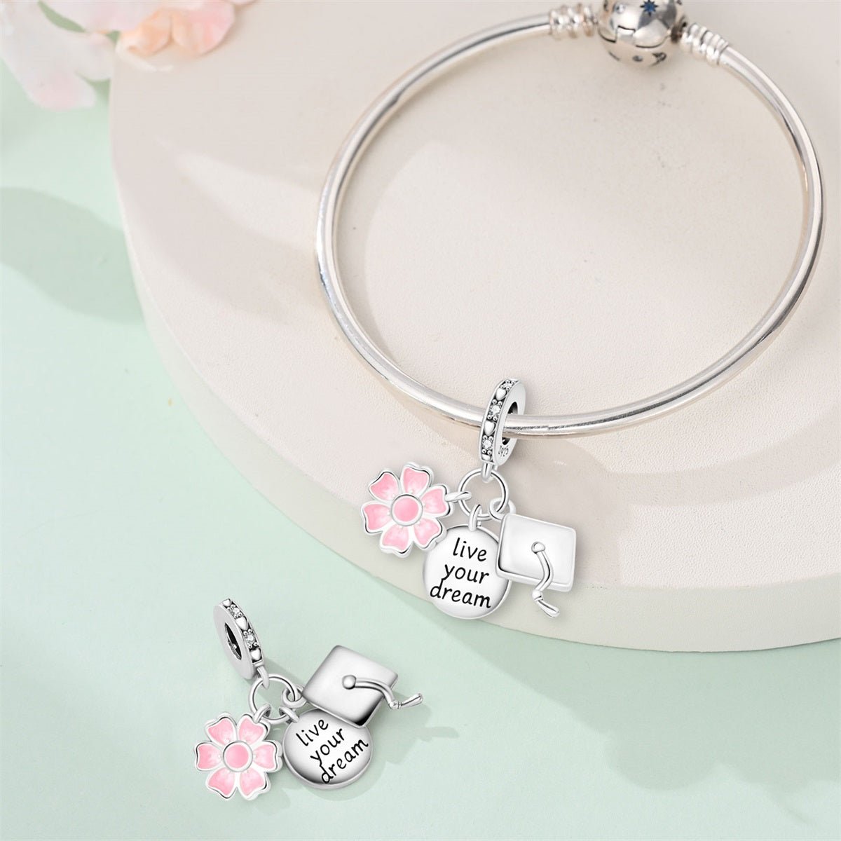 Amarante Jewelry Graduation Cap, Pink Flower & “Live Your Dream” Dangle Charm