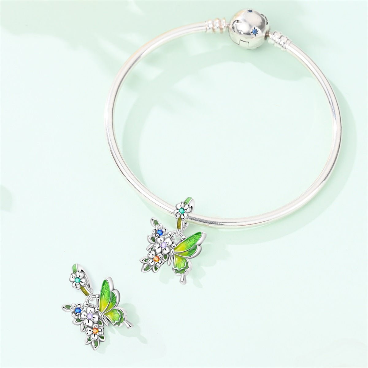 Amarante Jewelry Green Butterfly & Multicolor Flower Dangle Charm