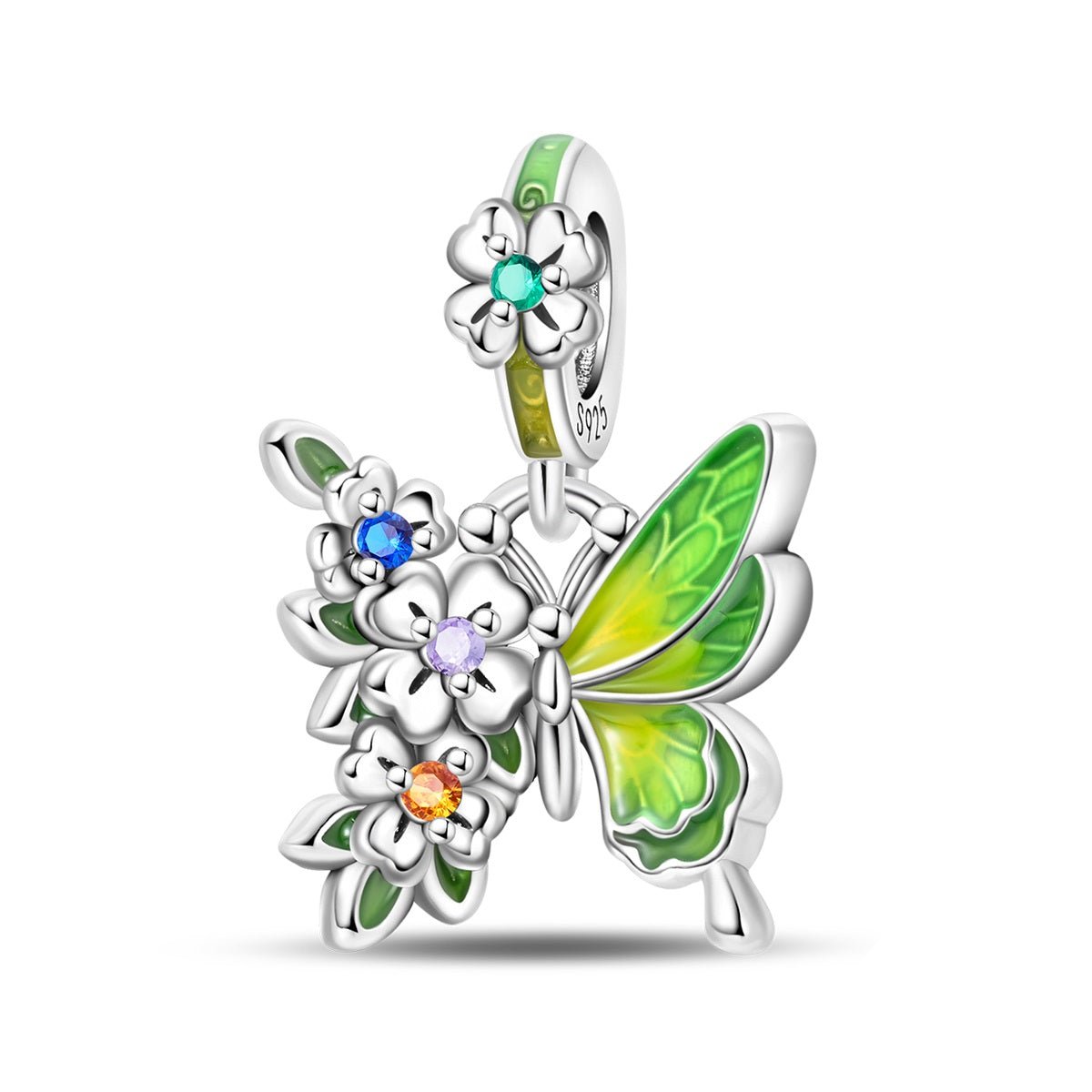 Amarante Jewelry Green Butterfly & Multicolor Flower Dangle Charm