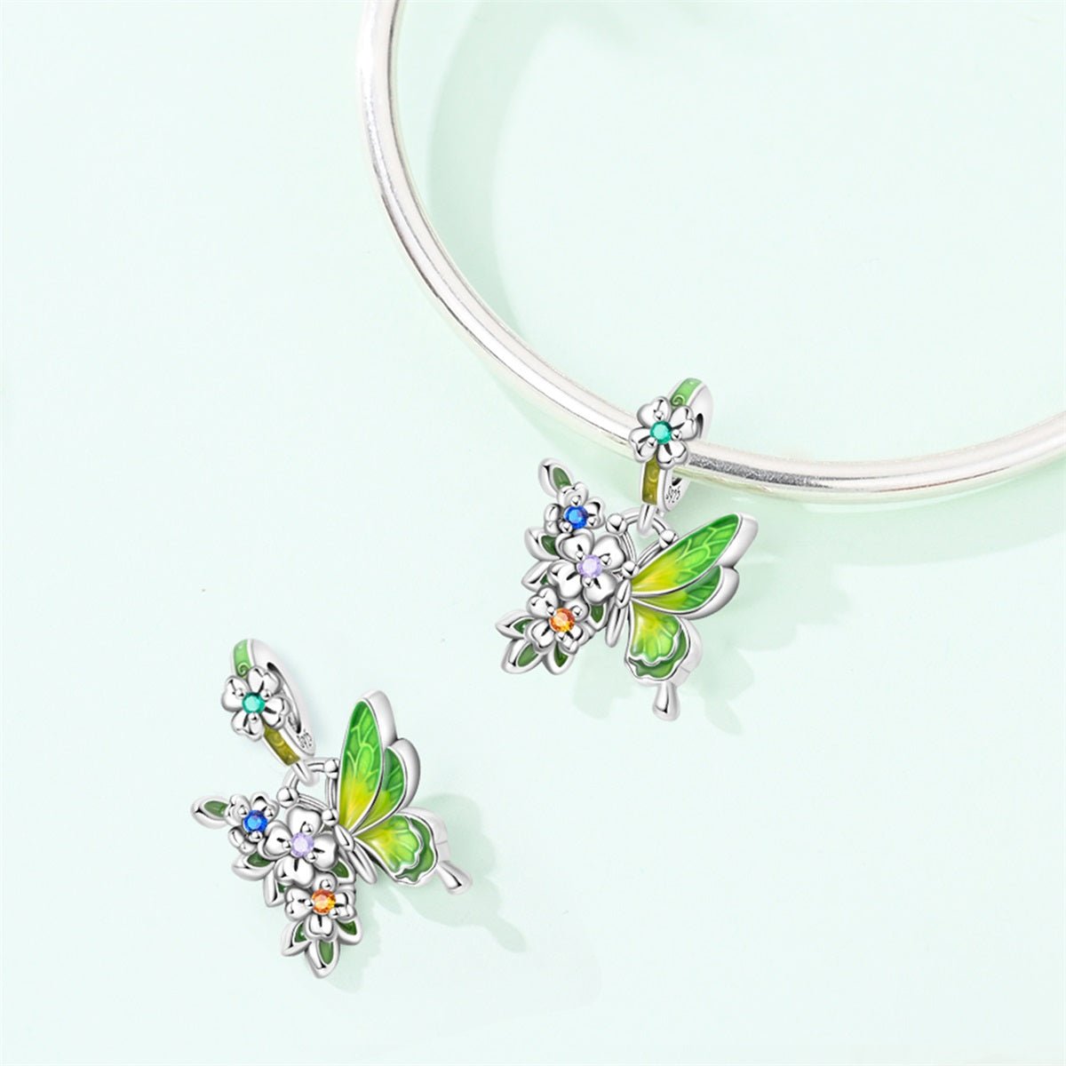 Amarante Jewelry Green Butterfly & Multicolor Flower Dangle Charm