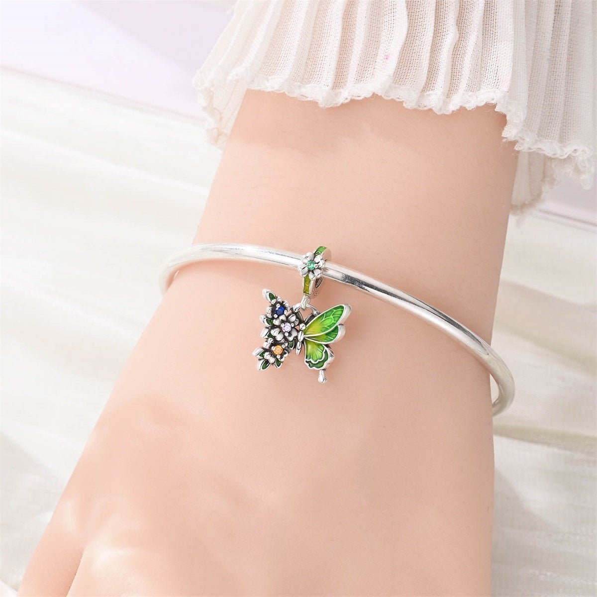 Amarante Jewelry Green Butterfly & Multicolor Flower Dangle Charm