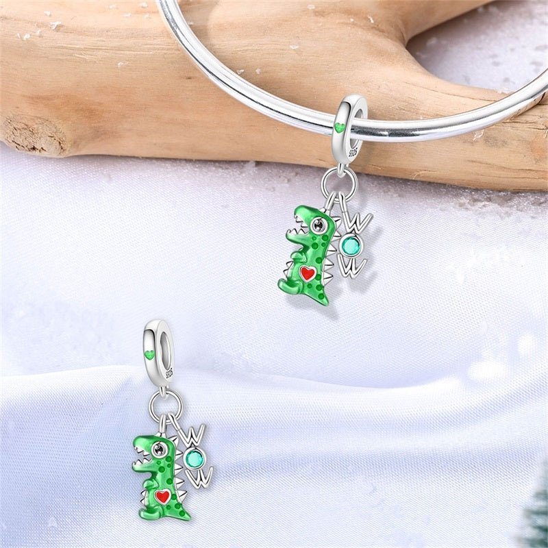 Amarante Jewelry Green Dinosaur with WOW Letters Dangle Charm