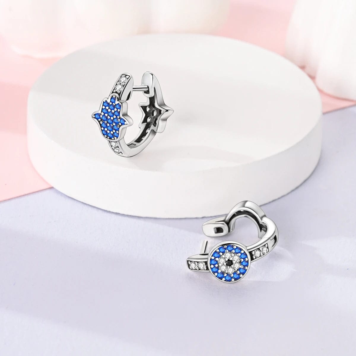 Amarante Jewelry Hamsa & Evil Eye Hoop Earrings with Blue Crystals