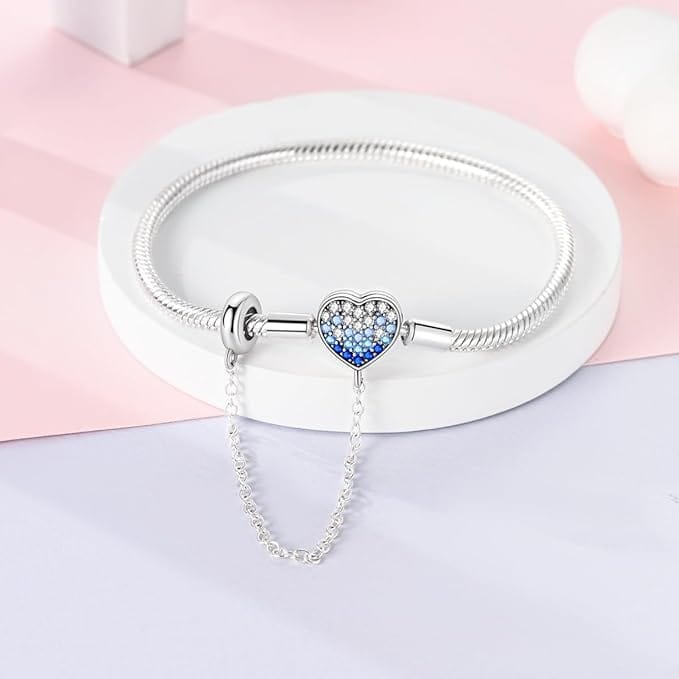 Amarante Jewelry Heart Charm Bracelet with Blue Gradient Crystals and Safety Chain