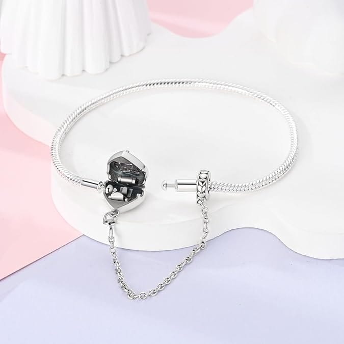 Amarante Jewelry Heart Charm Bracelet with Pink Crystal and Safety Chain