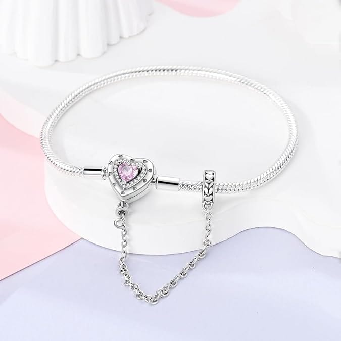 Amarante Jewelry Heart Charm Bracelet with Pink Crystal and Safety Chain