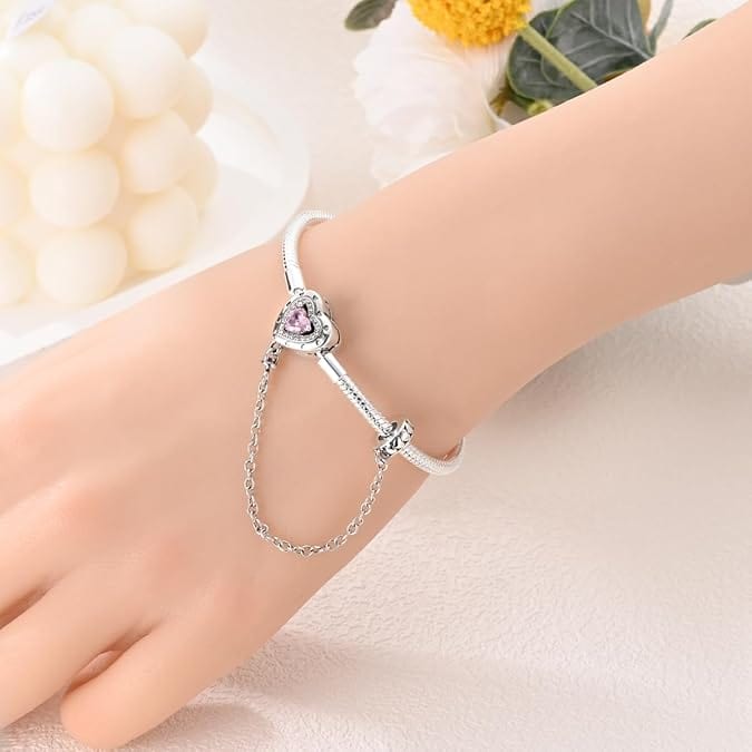 Amarante Jewelry Heart Charm Bracelet with Pink Crystal and Safety Chain