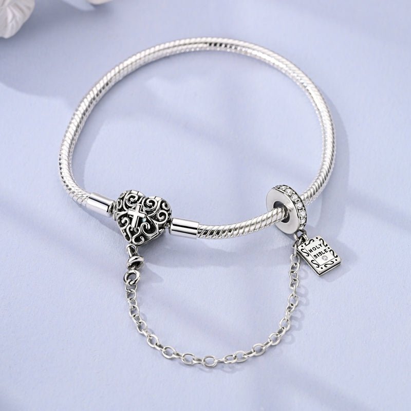 Amarante Jewelry Heart & Cross Charm Bracelet with Bible Safety Chain
