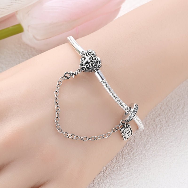 Amarante Jewelry Heart & Cross Charm Bracelet with Bible Safety Chain