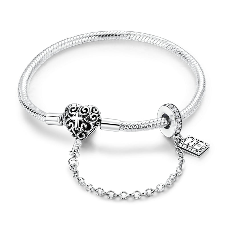 Amarante Jewelry Heart & Cross Charm Bracelet with Bible Safety Chain