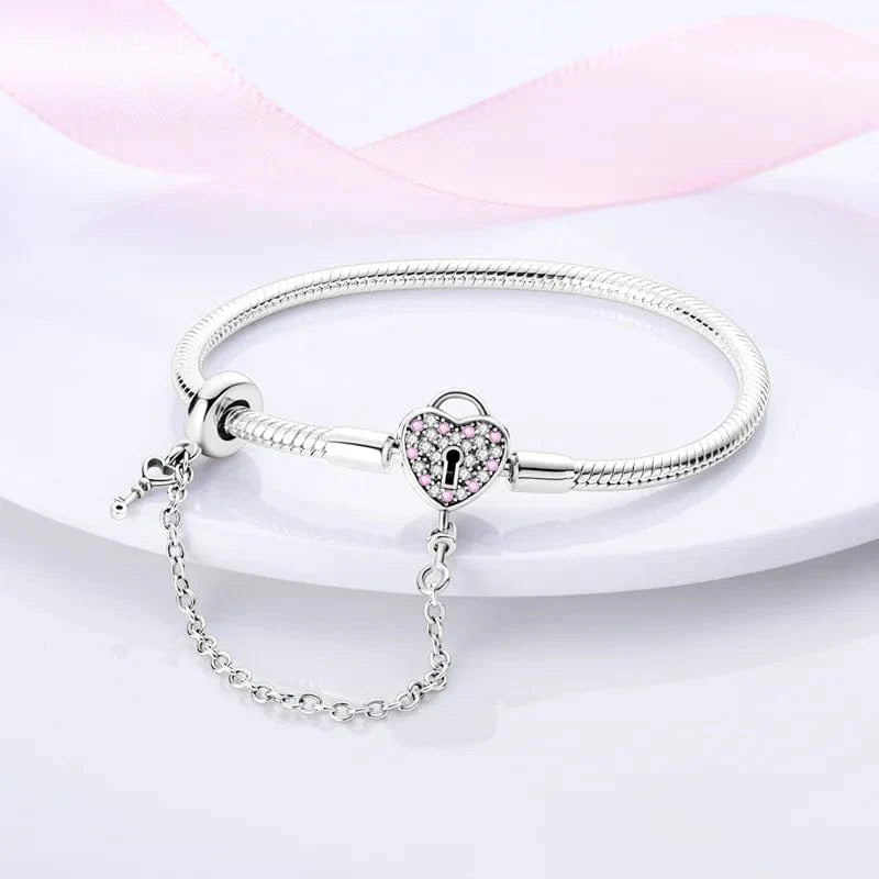 Amarante Jewelry Heart Lock Charm Bracelet with Pink Accents and Safety Chain