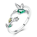 Amarante Jewelry Hummingbird with Green Crystal & Floral Adjustable Ring