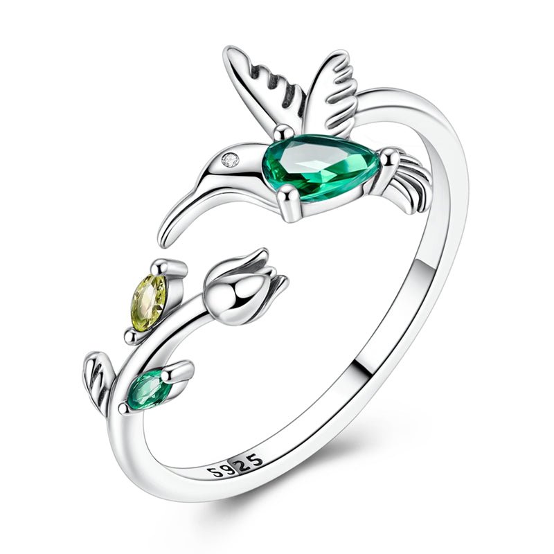 Amarante Jewelry Hummingbird with Green Crystal & Floral Adjustable Ring