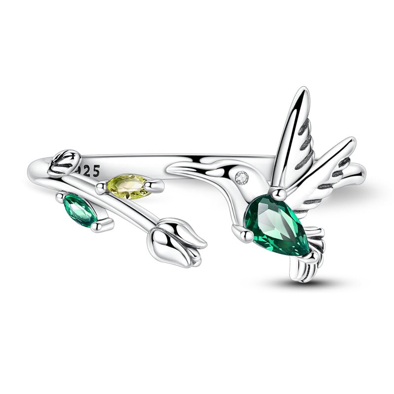 Amarante Jewelry Hummingbird with Green Crystal & Floral Adjustable Ring