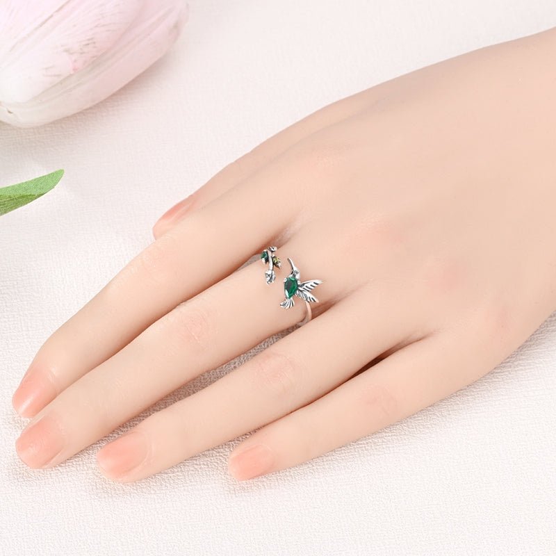 Amarante Jewelry Hummingbird with Green Crystal & Floral Adjustable Ring