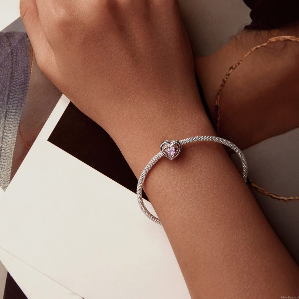 Amarante Jewelry Intertwined Rose Gold & Silver Heart with Pink Crystal Heart Charm