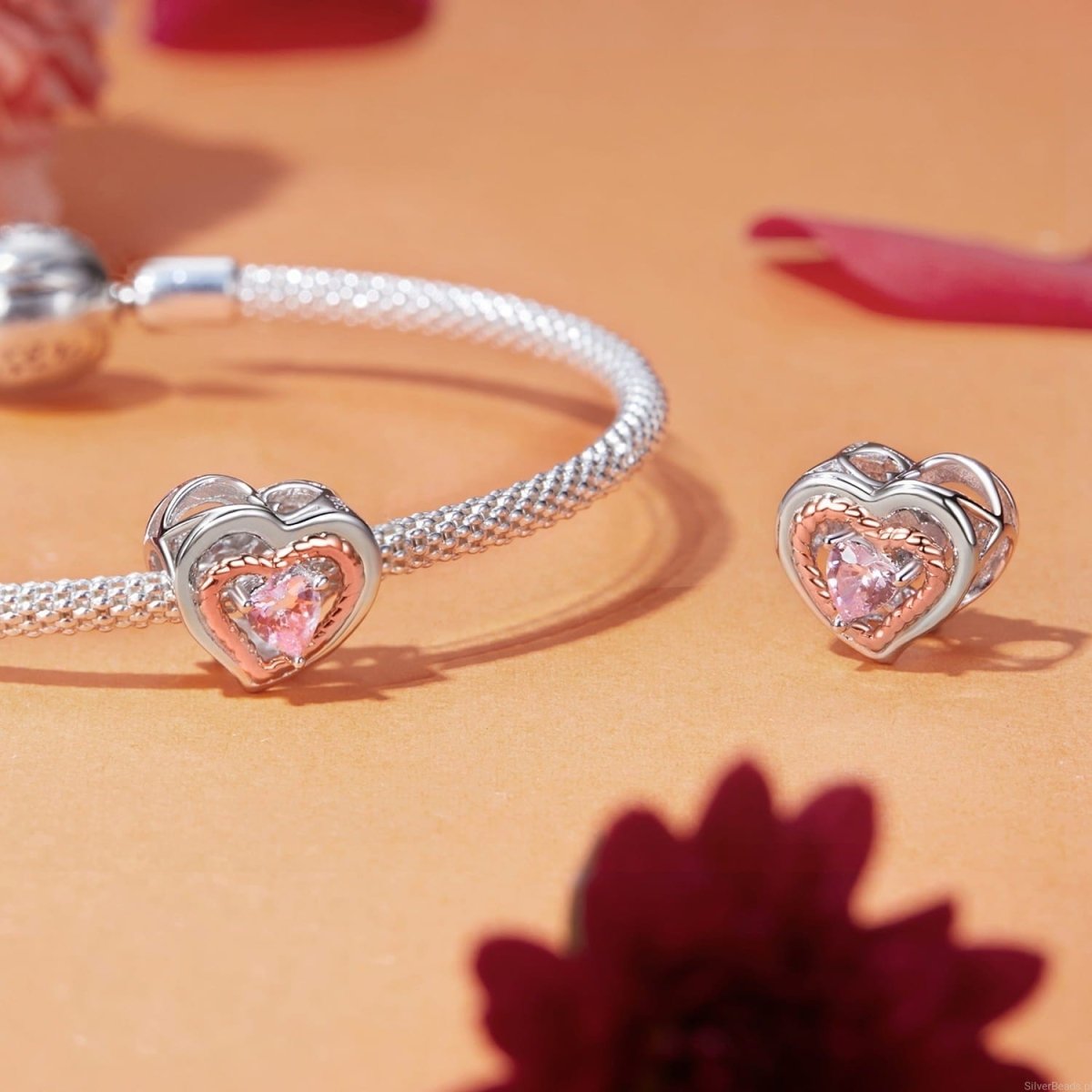 Amarante Jewelry Intertwined Rose Gold & Silver Heart with Pink Crystal Heart Charm