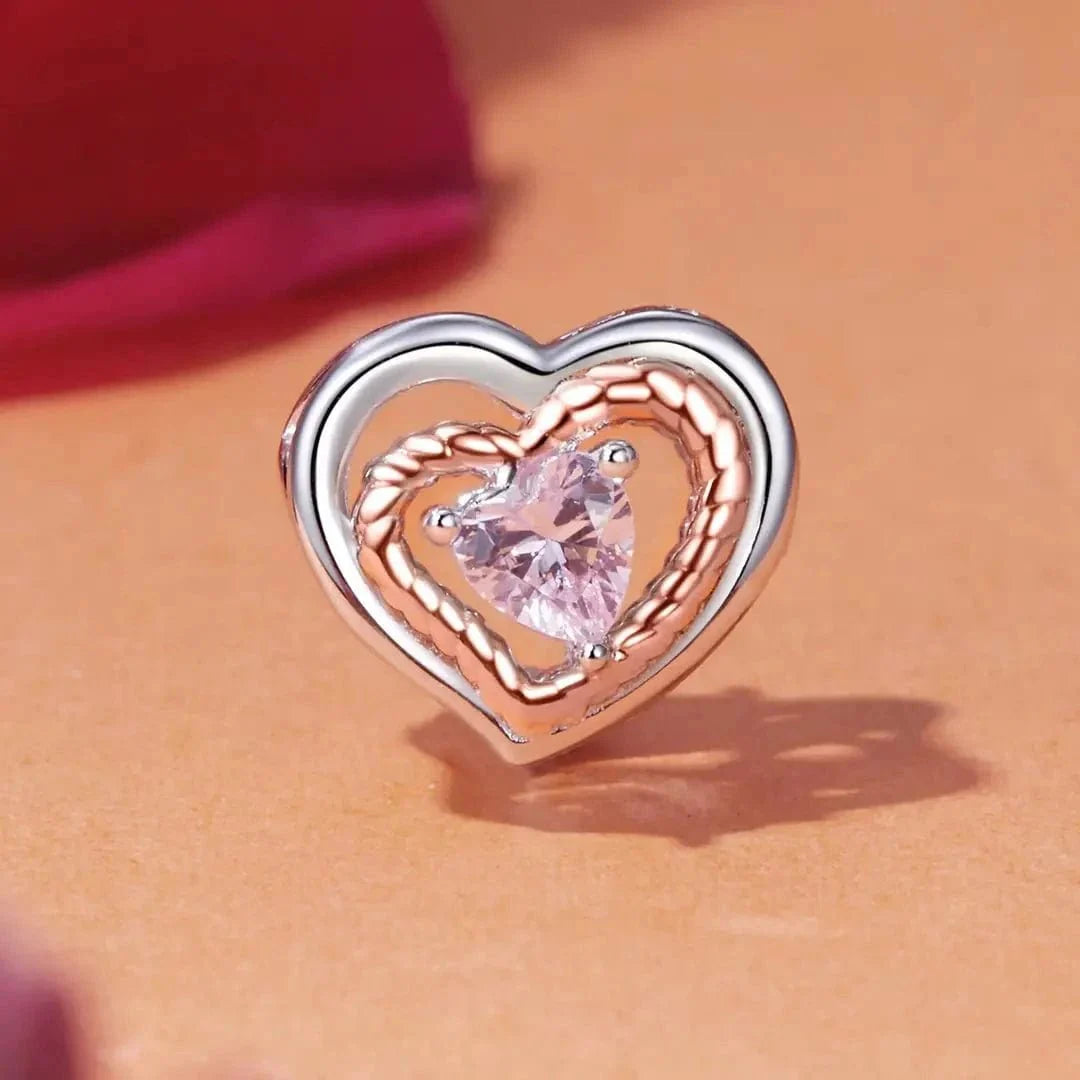 Amarante Jewelry Intertwined Rose Gold & Silver Heart with Pink Crystal Heart Charm