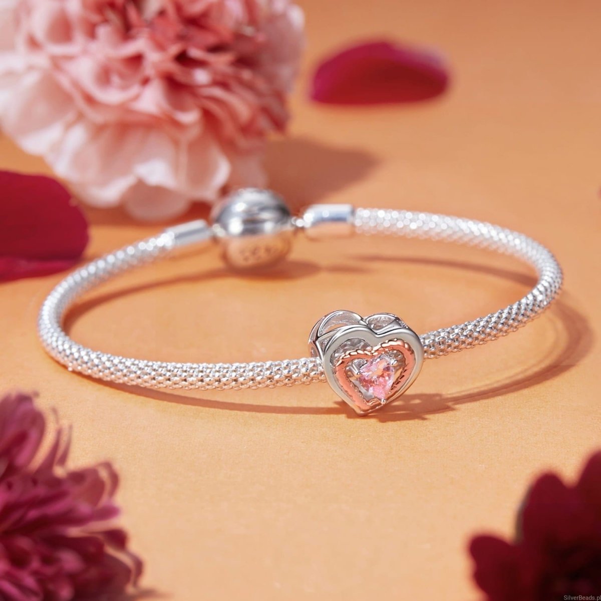 Amarante Jewelry Intertwined Rose Gold & Silver Heart with Pink Crystal Heart Charm