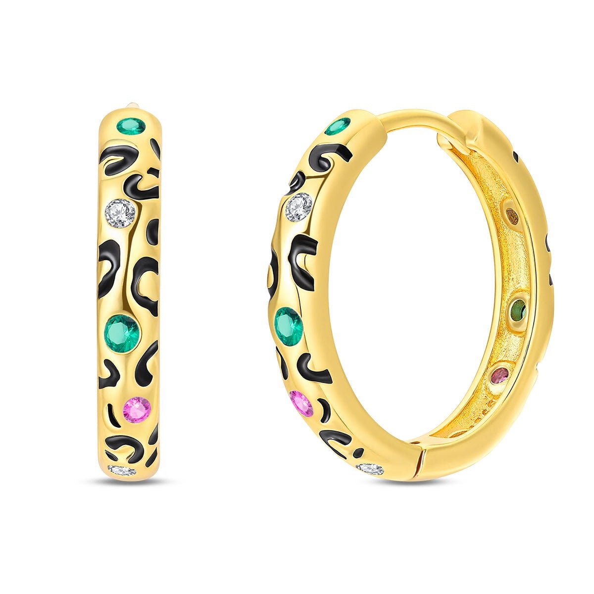 Amarante Jewelry Leopard Print Gold Hoop Earrings with Multicolor Stones