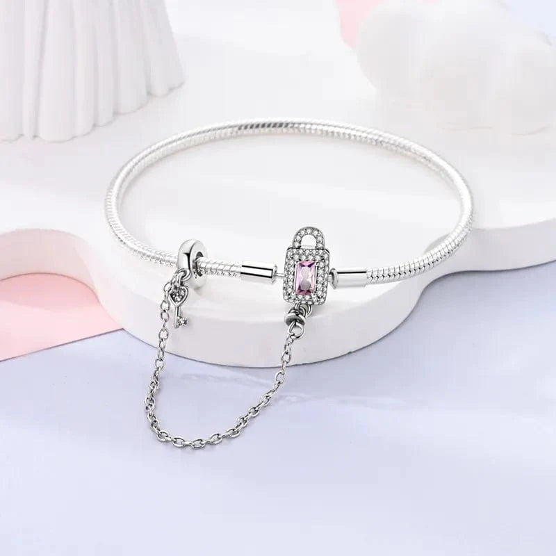 Amarante Jewelry Lock and Key Bracelet with Pink Crystal and Safety Chain